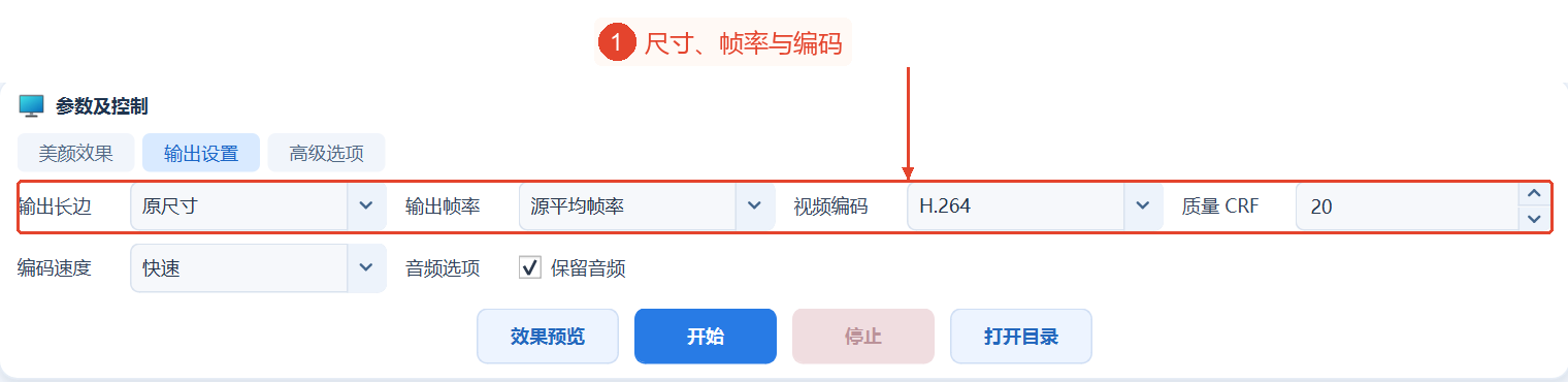 输出页面提供长边、帧率、H.264/H.265、CRF、速度、保留音频,目前均为默认值。
