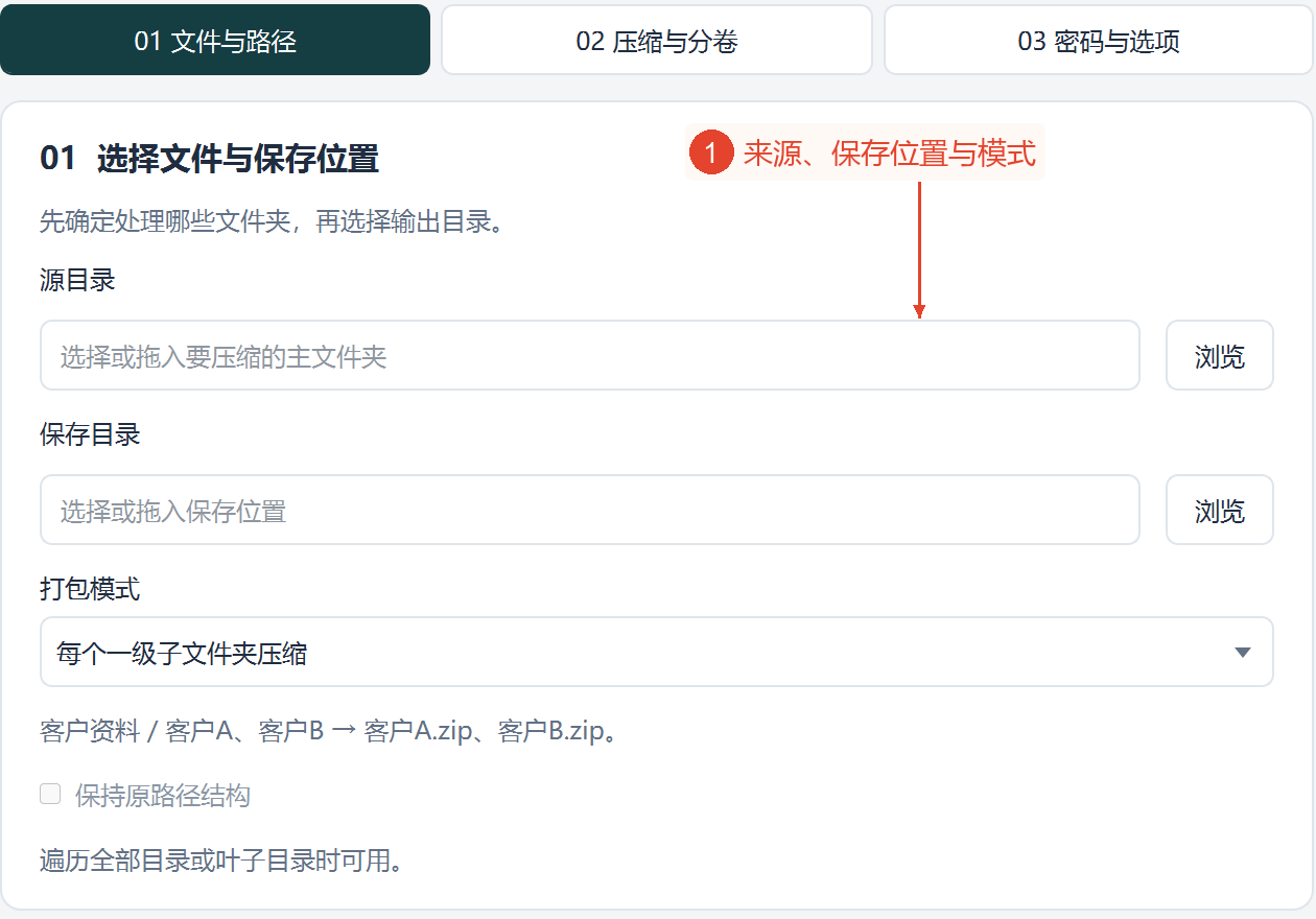 整个文件与路径设置区域中，默认选择压缩第一级各子文件夹，保留结构已禁用，源目录和保存位置均未选择。