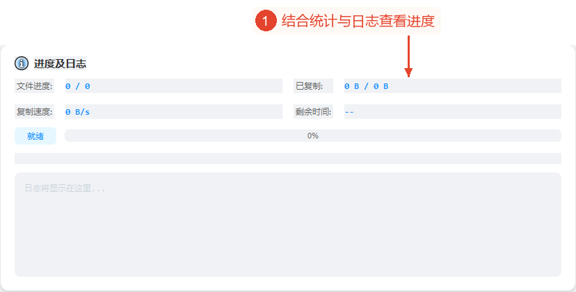 进度卡片显示0/0、0 B/0 B、0 B/s、剩余时间占位符和空日志,当前处于就绪状态。