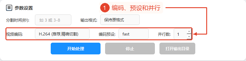 已选择H.264，显示编码预设fast和并行数1，整个参数区域保留了上下文。