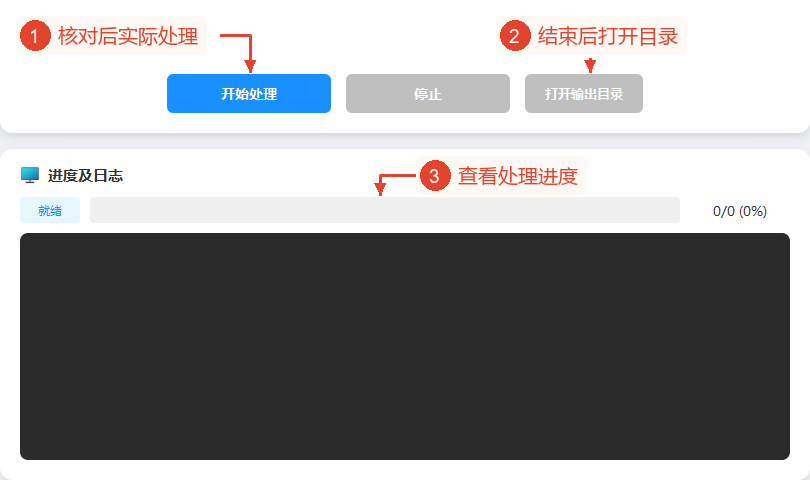 开始、停止、打开输出目录及整个进度日志区域；当前为0/0，日志为空，未生成片段。