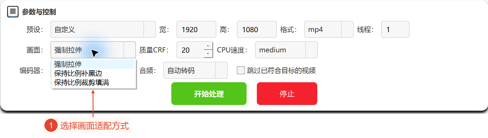 3种画面适配方式已展开，质量CRF20和CPU速度medium均有显示。