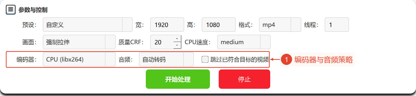 整个参数区域中，红框标示编码器、音频、跳过开关的位置，当前设置为CPU和自动转码，跳过未勾选。