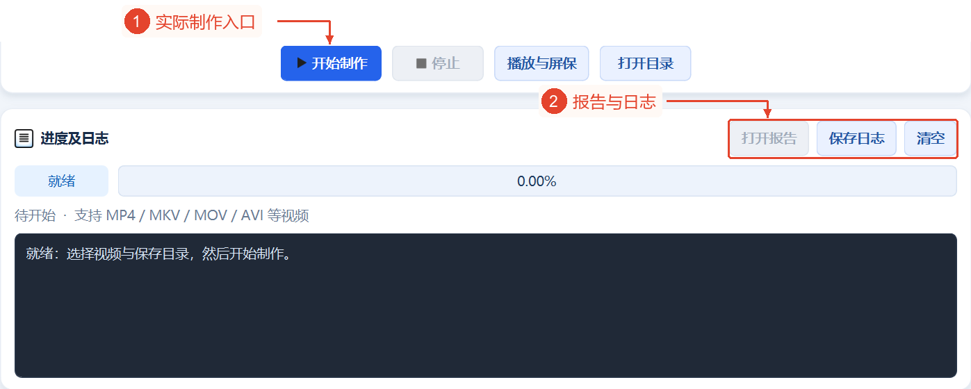 制作、停止、打开目录，以及报告和日志的操作项；状态为就绪，进度为0%，没有操作结果。