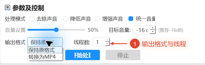 输出菜单显示保留原格式和转换为MP4,线程数默认为1。