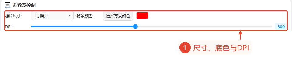 前两行设置照片像素预设、纯色背景、DPI，色块显示当前的红色。