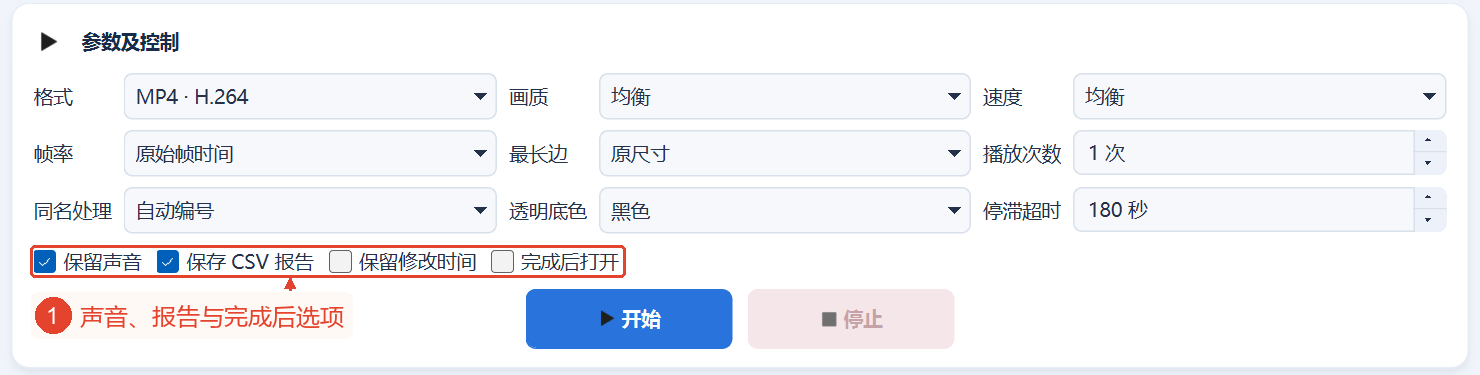 四个选项:“保留音频”、“保存CSV报告”、“保留修改时间”、“完成后打开”。